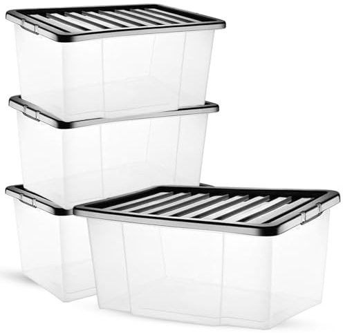 PDS 1 x 50L Clear Plastic Storage Box with Black Lid, Modern Style, Ideal for Home Organization and General Storage