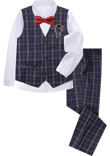 mintgreen Boys Suits, Kids Wedding Outfit Gentleman Waistcoat Pageboy Long Sleeves Clothes Set, Navy Blue, 7-8 Years, 140