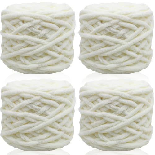Fil épais pour crochet et tricot, 7 mm d'épaisseur, laine chenille moelleuse pour crochet, poupée, sac, chapeau, coussin, lit de chat (blanc laiteux) 95 g x 4