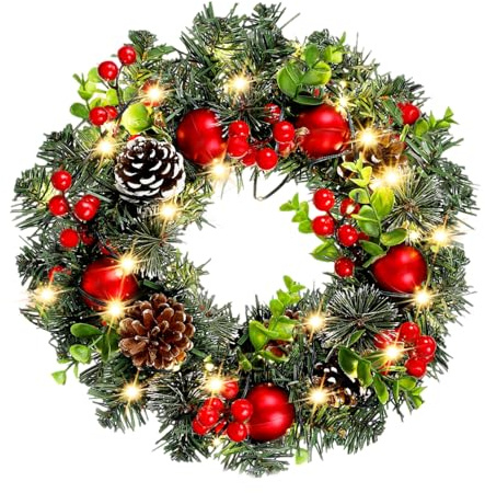 HAMPPLIES Guirnalda Navideña Colgante con Luces LED Decoración de Puerta de Adorno de Navidad con Bayas Rojas y Diseño Festivo para Entrada Hogar