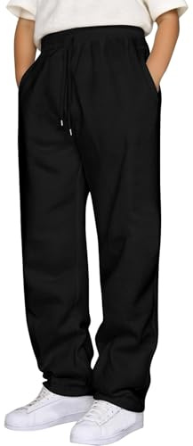 OUMSHBI Baggy Sweatpants for Teen Boys with Pockets Fleece Lined Jogger Trousers Straight Leg Open Hem Elastic Waist Jogging Bottoms Casual Solid Color Workout Streetwear Kids Boys Pants Black