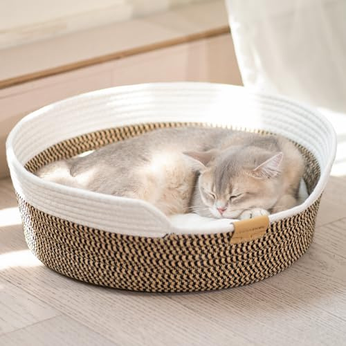 CheerPals Panier Chat Tressé en Corde, Lit pour Chat Respirant au Design Artisanal, Panier Rond et Douillet pour Toutes Saisons, Style Nordique, 47x47x15 cm