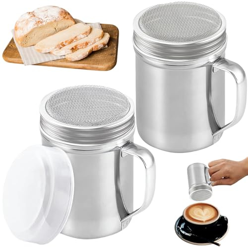 2Pcs Chocolate Shaker for Cappuccino, Flour Shaker with A Lid Stainless Steel with Handle, Condiment Jar for Kitchen and Suitable for Cocoa Flour Chocolate Shaker for Cappuccino