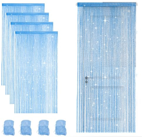 4 Stück Fadenvorhang Türvorhang 100x200cm, Glitzer Fransenvorhang als Raumteiler und Fensterdekoration, Perlenvorhang Türdekoration für Hochzeit Party Zuhause Café und Restaurant (Himmelblau)