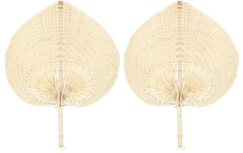 MALUGOGO 2 abanicos de mano de césped natural, abanicos de palma beige para decoración de bodas y paredes, accesorios de fotos