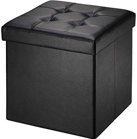 BRIAN & DANY Sitzhocker mit Stauraum, Faltbar Sitzbank Klein Hocker mit Deckel, Leder Fußhocker Aufbewahrungsbox Gepolstert für Wohnzimmer Schlafzimmer, Schwarz, 38 x 38 x 38cm