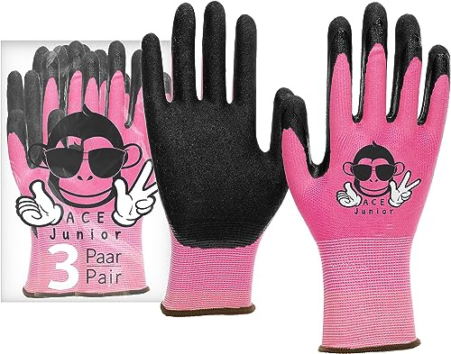 ACE Junior Arbeits-Handschuh für Kinder - 3 Paar Schutz-Handschuhe für die Garten-Arbeit - Pink - 7-8 Jahre (3er Pack)