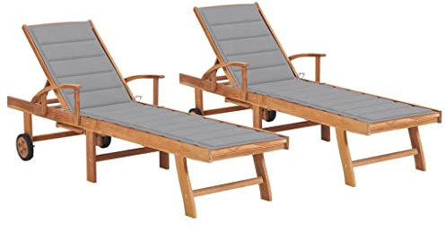 vidaXL 2X Teak Massiv Sonnenliege mit Grauen Auflagen Gartenliege Liege Gartenmöbel Relaxliege Strandliege Holzliege Liegestuhl Freizeitliege