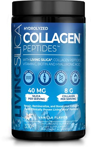 Peptidi di collagene idrolizzato in polvere con silicio, acido ialuronico, vitamina C, biotina e gomma di acacia. Sapore di vaniglia. Pentola da 330 g.