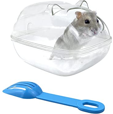 Andiker Jaula Hamster, Transparente casa Hamster, jaulas para Hamster Accesorios Hamster para Mascotas pequeñas Sauna Inodoro Baño con Pala Caja de baño de hámster(S)