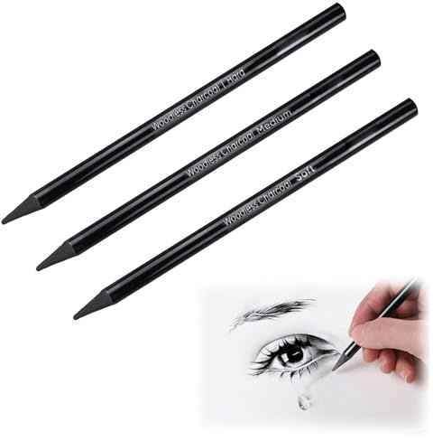 Crayons de Charbon Professionnel, Crayons Fusain, Fusains pour Dessin, Crayon de Croquis, Pour La Peinture à L'huile, Le Design Artistique, Le Croquis, 3 Pièces (Soft+ Medium+ Hard)