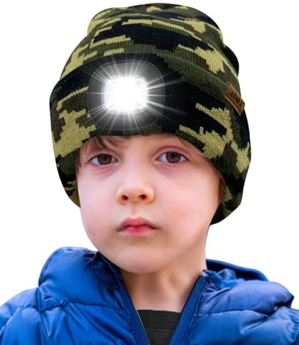 ATNKE Kids LED Lighted Beanie Hat,USB Rechargeable 4 LED Running Headlamp Ultra Bright Cap with Light Hands Free Head Torch Winter Warm Knit Beany Great Gifts for Boys and Girls/Camouflage Green