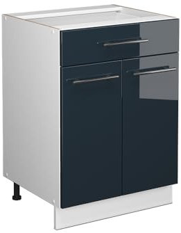 Vicco Küchenunterschrank Fame-Line, Dunkelblau Hochglanz/Weiß, 60 cm mit Schublade, ohne Arbeitsplatte