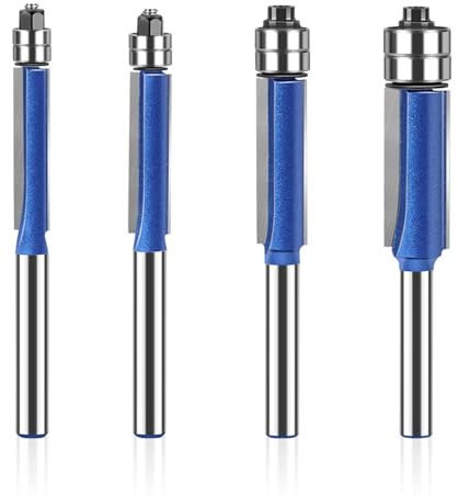 Head Biaxial Trimming Edge Knife, 1/4 inch Router Bit Set, 4Pcs Shank Flush Trim Pattern Bit Set, Cutting Diameter 1/4 5/16 3/8 1/2, Ideal for Solid Wood, MDF, Particleboard, Plywood Cutting