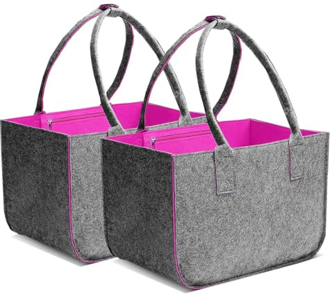 Duscdesp 2 stycken 30L filtväskor shopper stor, shoppingväska hopfällbar filtkorg med långa handtag, robust shoppingväska med innerficka, filtväska vedeldad filtkorg(Dunkelgrau/Magenta)