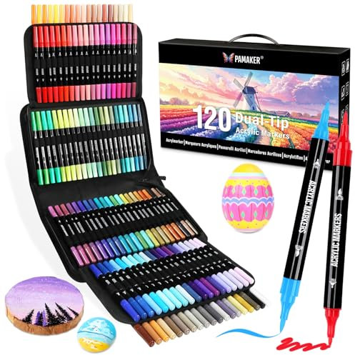 120 Farben Acrylstifte Set – Doppelseitige Spitzen, Multimarker für Steine, Holz, Stoff, Leinwand, Glas, Keramik in Stofftasche – Vielseitige Acrylfarben für Künstler & DIY Projekte