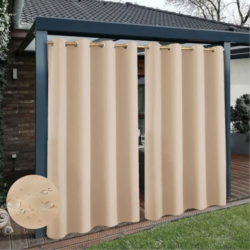 Wetterfeste wasserdichte Outdoor Vorhänge für die Terrasse, Verdunkelungsvorhänge für Drinnen und Draußen, Sonnenschutzvorhänge für Draußen mit Ösen, 1 Vorhang, Dunkelbeige, B213cm xH183cm