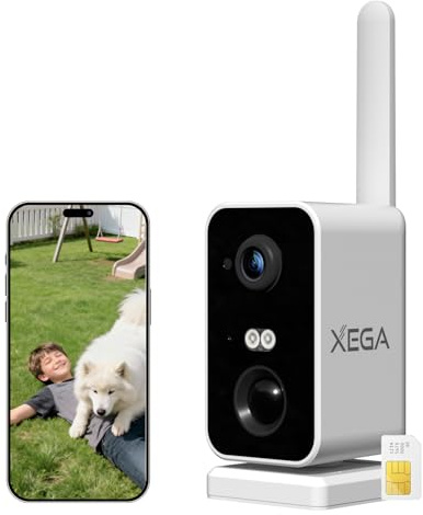 Xega 4G LTE Portatile Telecamera con SIM Scheda,10000mAh Batteria Videocamera Sorveglianza Senza Wi-Fi,180°Pan,PIR Rilevamento Umano,2K Visione Notturna a Colori,Audio Bidirezionale,TF/Cloud IP66