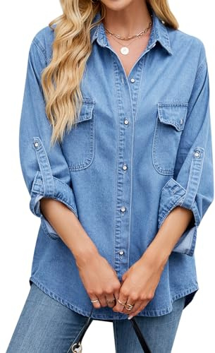 MINTLIMIT Womens Denim Shirt Long Sleeve Button Down Shirt Casual Lightweight Jean Shirt Jacket Vintage Denim Blouses Tops with Pockets