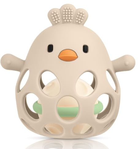 HOTUT Sonaglio Silicone Neonato,Palla Sonaglio per Bambini Femmina Maschio per Neonati, Palla a Presa per Bambini, Senza BPA - Bianco Crema