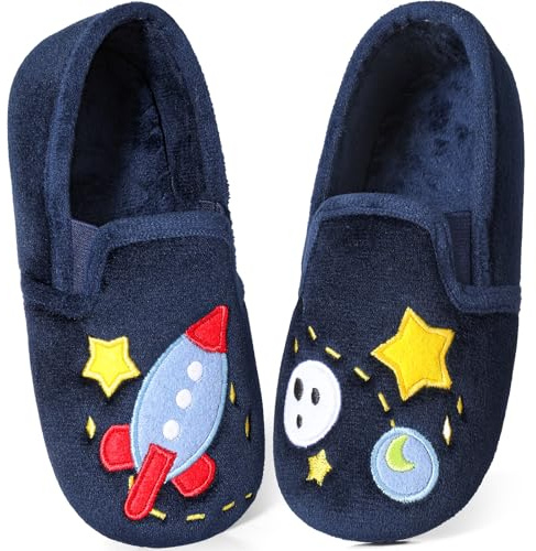 Growmax Chaussons chauds en peluche pour enfant garçon - Semelles antidérapantes - Chaussures pieds nus - Chaussures d'hiver pour bébé, bleu, 26 EU