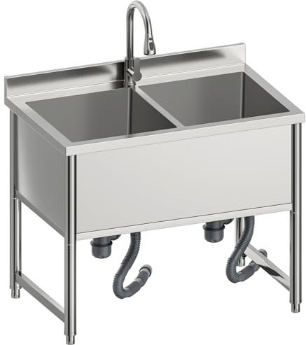 35 Stainless Steel Commercial Sink 2 Bowl Freestanding Kitchen Sink with Pull-out Faucet, Large Utility Sink for Kitchen, Dishwashing, Thawing, Laundry Room, Garage, Outdoor, Total Capacity 36 Gallon