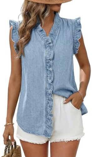 Dokotoo Denim Vest Top for Women Fashion Sleeveless V Neck Chambray Shirt Women Vest Top Ruffled Edge Jean Blouses Denim Tops Womens Country Concert Outfits Summer Womens Tops