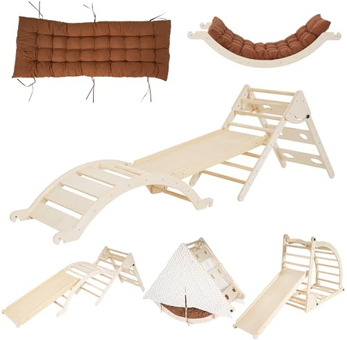 Indoor Climbing Frame for Toddler, Foldable Pikler Triangle Set with with Cushion, Slid-e, Arch and Triangle Canvas, Wooden Toddler Climber, Climbing Toys Montessori Climbing Set for Kids 1.5-8 Years