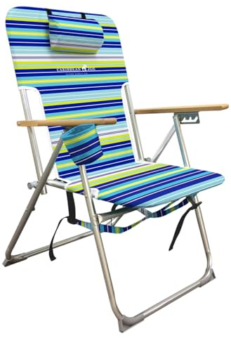 CARIBBEAN JOE Folding Beach Chair, 4 Position Portable Backpack Foldable Camping Chair with Headrest, Cup Holder, and Wooden Armrests (Blue, Lime Stripe, 300lbs Capacity)