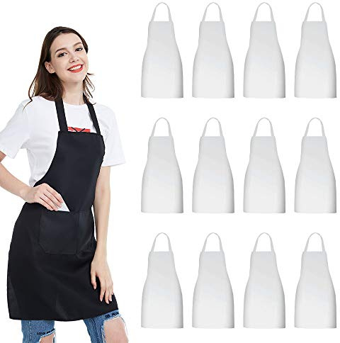 NOBONDO 12 Pack Bib Apron - Unisex white Apron Bulk with 2 Roomy Pockets Machine Washable for Kitchen Crafting BBQ Drawing