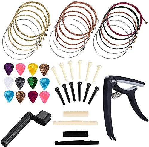 Anvin Akustikgitarre Zubehör Kit Gitarrensaiten Ersatz Wechsel Werkzeug Einschließlich Gitarre Akustik Saiten Picks Kapodaster Saitenkurbel Brücke Pins Picks für Gitarrenspieler Anfänger (48 Stück)
