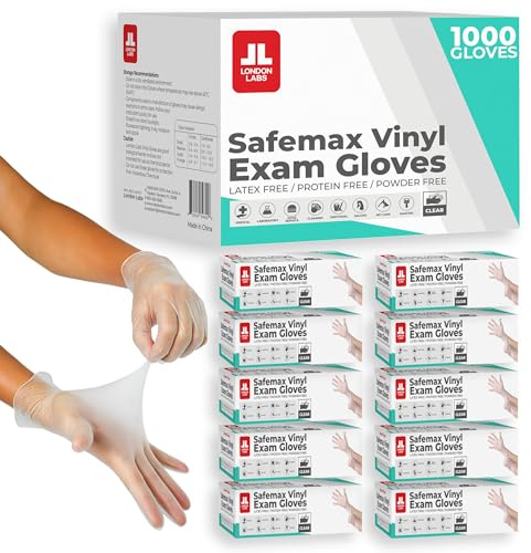 London Labs Medical Clear Vinyl Gloves, (Case of 1000) Powder Free & Latex Free, Disposable, Food Safe (Large)