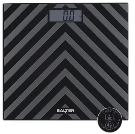 Salter SA00287 BAFEU16 Pèse Personne Numérique, Balance Personnelle Électronique pour Salle de Bain, Écran LED Facile à Lire, Capacité Max. 180KG, Pieds pour Moquette, Finition à Chevrons Noir