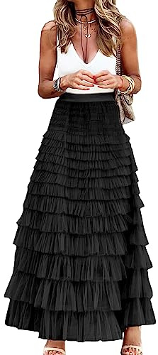 Gratoryna Jupe Longue Maxi en Tulle pour Femmes, Jupe A Ligne à Volants en Maille, Jupe à Taille Haute à Plusieurs Couches et à Couches superposées, Jupon, Noir, XL