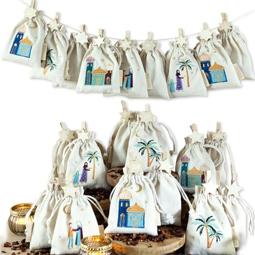 Papierdrachen Calendario Ramadan fai da te da riempire – per bambini e adulti – 15 sacchetti di cotone ricamati e 15 pezzi con numeri e filo di cotone – colorful – riutilizzabile – Set 7