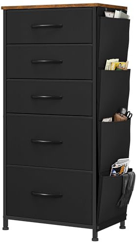 YITAHOME Kommode, 5 Stoffschubladen mit Griffen, Aufbewahrungsschrank mit Haken, Schubladenschrank mit Seitentaschen, Schrank, Metallgestell,stoffkommode für Schlafzimmer,Wohnzimmer,Flur,Büro,schwarz