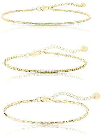 Nami Herren Armband Set aus Edelstahl Silber/Gold • 2x Minimalistisches Armband • Armbänder für Herren • Silberarmband Männer • Filigrane Cuban Link Chain Armkette (3er Set Gold)