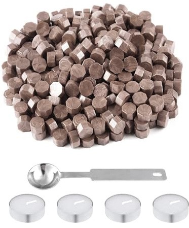 Wekuw Perles de Cire à Cacheter,200 Pièces Perles de Cires à Cacheter Kit,Perles de Cires Octogonales avec 4 Bougies 1 Cuillère,Pour Cachet de Cire,Enveloppes,Emballage Cadeau (Champagne Or)