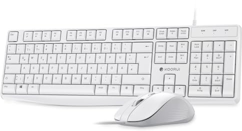 KOORUI Tastatur und Maus,Maus Tastatur Set Deutsches Layout QWERTZ mit 12 Funktionstasten Tastatur Maus Set für Windows,MacOS,Linux-Weiß