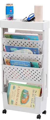 DOEWORKS Bücherwagen Klein Bücherregal mit Rollen Bastelwagen Rollwagen Schmal Aufbewahrungswagen 5 Ebenen Bücherregal Wagen für Wohnzimmer Schlafzimmer Büro Bibliothek, Weiß