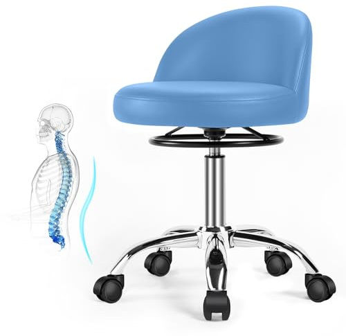 Rullpall, roterande pall med hjul, arbetspall med ryggstöd, skrivbordspall justerbar höjd för massage kontor hem salong pall barpall kökspall justerbar höjd (blå)