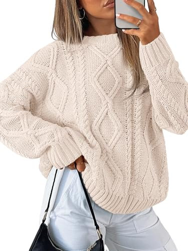 Trendy Queen Oversized Sweaters Womens 2026 Early Fall Fashion Clothes Cable Knit Crewneck Plus Size Pullover Cute Luxury Outfits Chunky Long Tunic Top Winter Holiday Thanksgiving Clothing Cream