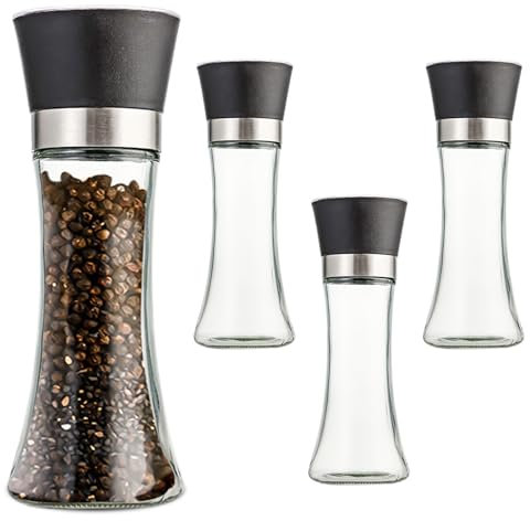 SPORWAY 4 Pezzi 19 cm Macina Sale Pepe: Saliera e Pepiera Manuale in Vetro e Acciaio Inox Macinapepe, Smerigliatrice Finezza Regolabile, Macinaspezie Acciaio Inossidabile per Sale Marino Grosso