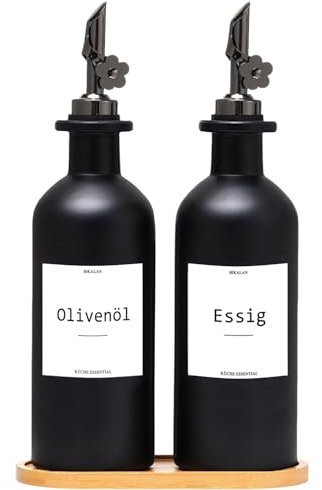 BIKALAN Essig und Ölflaschen Set, 500ml x 2 Ölflasche, Olivenöl Flasche Set, Ölspender, Automatisches Öffnen und Schließen Olivenöl Flasche, mit 22 Aufkleber, Trichter (Schwarz, 500ml)