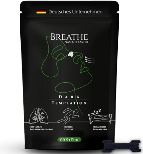 Breathe Nasenpflaster – 60 Stück, Schwarz | Höhere Leistung für Sport, Rennsportfahrer, Lernen | Erholsamen Schlaf & weniger Schnarchen | Besser atmen bei Schnupfen & Allergien