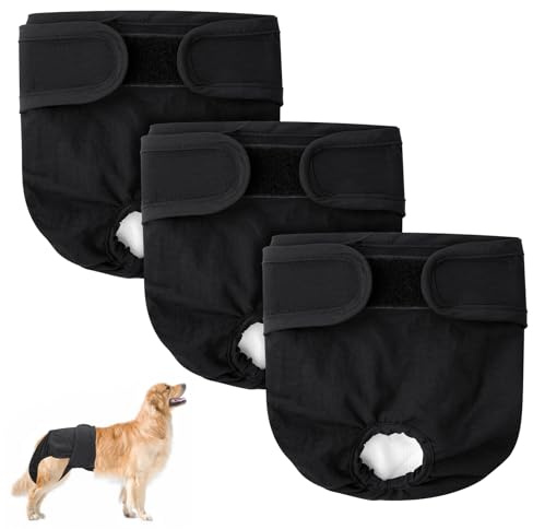 Aomig Hundblöjor för tikar, 3-pack tvättbara läckagesäkra värmebyxor, återanvändbara bindor för tikar, mycket absorberande inkontinensblöjor för hundar (svart, M)