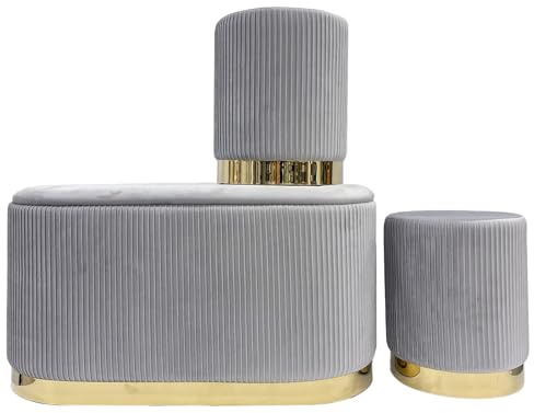 IlGruppone Set 3 Pouf in Velluto – Panca Contenitore Grande con Cuscino 42x80 cm + 2 Pouf Piccoli 29x35 cm, Design Moderno Elegante, Poggiapiedi e Seduta Aggiuntiva - Grigio