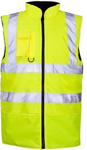 Hi Vis Bodywarmer Fleece Lined Reversible Safety Gilet Waistcoat – Waterproof High Visibility Reflective Workwear Vest for Men Security Outdoor Hiking Work Jacket Yellow M