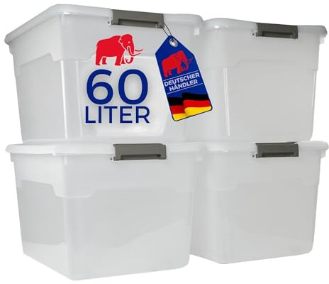 PROREGAL Aufbewahrungsbox mit Deckel 60L im 4er Set, Extra Groß, Rollen, Plastikbox transparent stapelbar, Kunststoffbox Verschlussclips, Stapelbox Kunststoff, Aufbewahrungsbehälter für Küche Haushalt