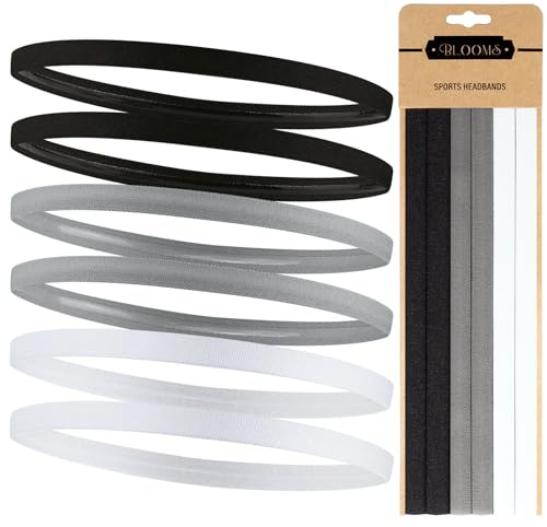 Blooms 6 Pezzi Fascia Capelli Sportiva - Fascetta Capelli Uomo Antiscivolo Sottile Cerchietto Elastico Sport per Yoga, Calcio, Basket, Fare Jogging, Tennis (Bianco, Grigio, Nero)